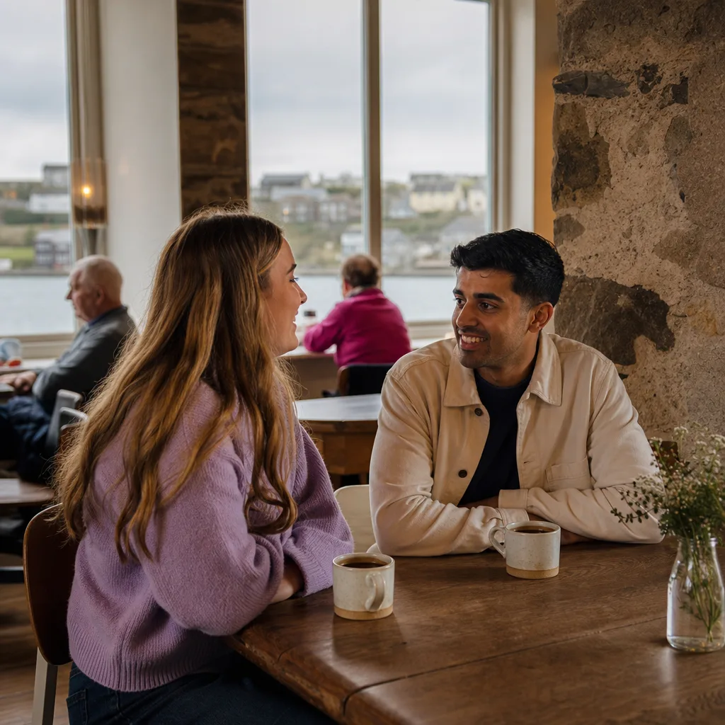 Two people walking beside the water in central Lerwick