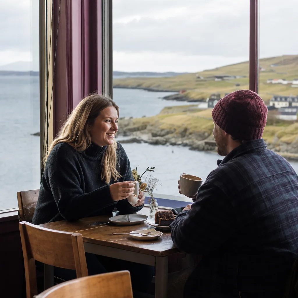 Coffee cups on a table by a window overlooking Lerwick