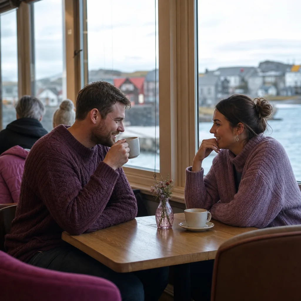 A warm café table beside a rain-streaked window in Lerwick